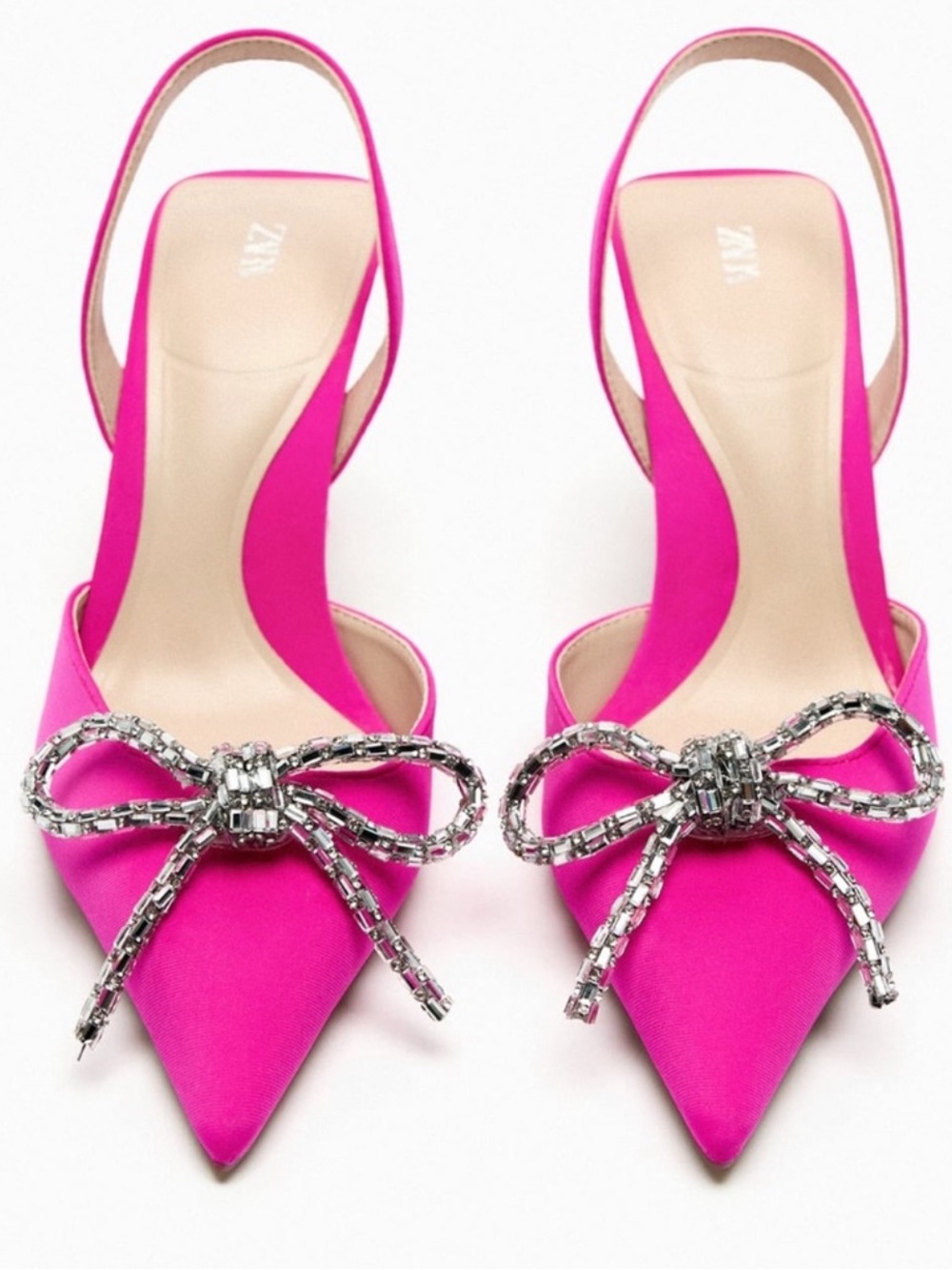 ZARA Fuchsia Slingback Pointed Heels with Crystal Bow Size 37